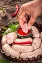 Turkish oriental cuisine. Homemade sausage, with with ketchup and greens. background image, Natural product from organic farm,