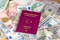 Turkish passport on euros, dollars and turkish currency Royalty Free Stock Photo