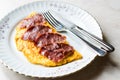 Turkish Pastirma or Pastrami with Omelette / Omlet for Breakfast Royalty Free Stock Photo