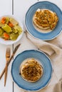 Turkish pastry borek in blue ceramic plates