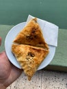 Turkish Pastry Borek with Minced Meat served with Hand. Borek