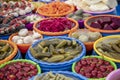 Turkish pickles in local market. Traditional Turkish pickles of various fruits and vegetables Royalty Free Stock Photo