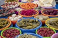 Turkish pickles in local market. Traditional Turkish pickles of various fruits and vegetables Royalty Free Stock Photo