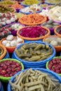 Turkish pickles in local market. Traditional Turkish pickles of various fruits and vegetables Royalty Free Stock Photo