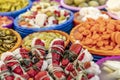 Turkish pickles in local market. Traditional Turkish pickles of various fruits and vegetables Royalty Free Stock Photo