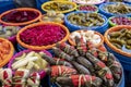 Turkish pickles in local market. Traditional Turkish pickles of various fruits and vegetables Royalty Free Stock Photo