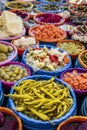 Turkish pickles in local market. Traditional Turkish pickles of various fruits and vegetables Royalty Free Stock Photo
