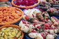 Turkish pickles in local market. Traditional Turkish pickles of various fruits and vegetables Royalty Free Stock Photo