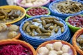 Turkish pickles in local market. Traditional Turkish pickles of various fruits and vegetables Royalty Free Stock Photo