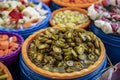 Turkish pickles in local market. Traditional Turkish pickles of various fruits and vegetables Royalty Free Stock Photo