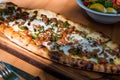 Turkish Pide with Minced Meat Kavurma Salad and Pickles. Royalty Free Stock Photo