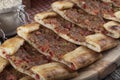 Turkish pide with minced meat, Kiymali Pide. Traditional Turkish cuisine. Turkish pizza Pita with meat. Top view