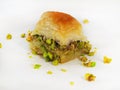 Turkish pistachio baklava, close up traditional dessert isolated on white background Royalty Free Stock Photo