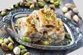 Turkish pistachio pastry dessert baklava with green pistachios