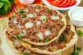 Turkish pizza Lahmajoun Lahmacun with ground beef Royalty Free Stock Photo