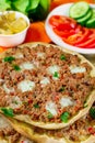 Turkish pizza Lahmajoun Lahmacun with ground beef Royalty Free Stock Photo