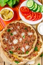 Turkish pizza Lahmajoun Lahmacun with ground beef Royalty Free Stock Photo