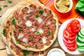 Turkish pizza Lahmajoun Lahmacun with ground beef Royalty Free Stock Photo