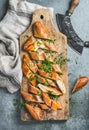 Turkish pizza pide with cheese and spinach chopped in slices Royalty Free Stock Photo