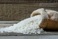 Turkish raw white rice grains in burlap sack on  wooden background Royalty Free Stock Photo