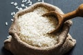 Turkish raw white rice grains with burlap sack in wooden shovel on black wooden background Royalty Free Stock Photo