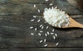 Turkish raw white rice grains with burlap sack in wooden spoon on wooden background Royalty Free Stock Photo