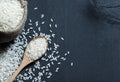 Turkish raw white rice grains with burlap sack in wooden spoon on black wooden background Royalty Free Stock Photo