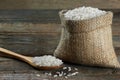 Turkish raw white rice grains with burlap sack in wooden spoon on rustic wooden background Royalty Free Stock Photo