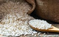 Turkish raw white rice grains with burlap sack in wooden spoon on wooden background Royalty Free Stock Photo