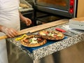 Turkish Round Pide Traditional food with beef and Salad. Royalty Free Stock Photo