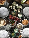 The Turkish rural breakfast on the wooden table.