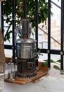 Turkish samovar outdoor. Preparing tea outside on the nature on double pot on the fire. Traditional turkish drink Royalty Free Stock Photo