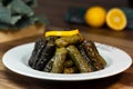 Turkish sarma dolma, stuffed black cabbage and grape leaves rice. Traditional Yaprak sarma. Turkish or Greek cuisine Royalty Free Stock Photo