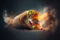 Turkish shawarma with chicken salad a gloop of Mayonnaise tomatoes in tortilla sauce and fire flames & smoky Royalty Free Stock Photo