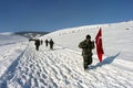 Turkish soldiers walking at Sarikamis Allahuekber Mountains