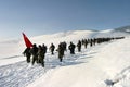 Turkish soldiers walking at Sarikamis Allahuekber Mountains