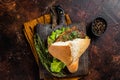 Turkish Street Food Balik Ekmek, fish sandwich with grilled mackerel fillet in a bun. Dark background. Top view Royalty Free Stock Photo