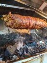 Turkish Street Food Kokorec made with sheep bowel. Roasting, istanbul. Royalty Free Stock Photo