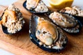 Turkish Street Food Stuffed Mussels with Lemon / Midye Dolma Royalty Free Stock Photo
