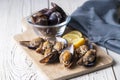 Turkish Street Food Stuffed Mussels with Lemon - Midye Dolma Royalty Free Stock Photo