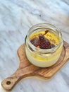 Turkish Style Custard Pudding Dessert with Safflower, Pear, Salep / Sahlep and Poppy Seeds in Jar