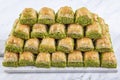 Turkish sweet Dry Baklava on a marble background. Turkish pastry dessert baklava. Ramadan or holiday desserts concept. Antep