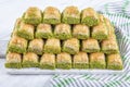 Turkish sweet Dry Baklava on a marble background. Turkish pastry dessert baklava. Ramadan or holiday desserts concept. Antep