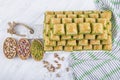 Turkish sweet Dry Baklava on a marble background. Turkish pastry dessert baklava. Ramadan or holiday desserts concept. Antep