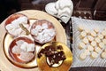 Turkish sweet shop: Almond cookie, almond butter, walnut halvah and Turkish delight Royalty Free Stock Photo