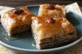 Turkish sweets baklava, home made bakery, Close up. Menu photo. Pastry, walnuts, syrup.