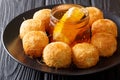 Turkish sweets balls of kunefe with honey macro on a plate. horizontal