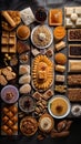 Turkish sweets, flat lay, knolling, top view assorted cookies and traditional desserts, AI generative overhead view