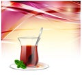Turkish tea cup with black tea, silver spoon and mint on red waves background. Tea illustration for advertising Royalty Free Stock Photo