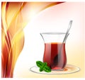 Turkish tea cup with black tea, silver spoon and mint on red waves background. Tea illustration for advertising Royalty Free Stock Photo